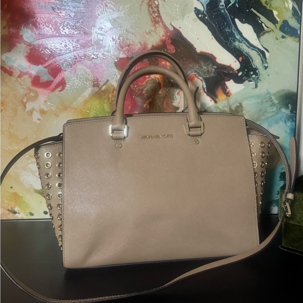 Michael Kors Beige Satchel with Gold Accents